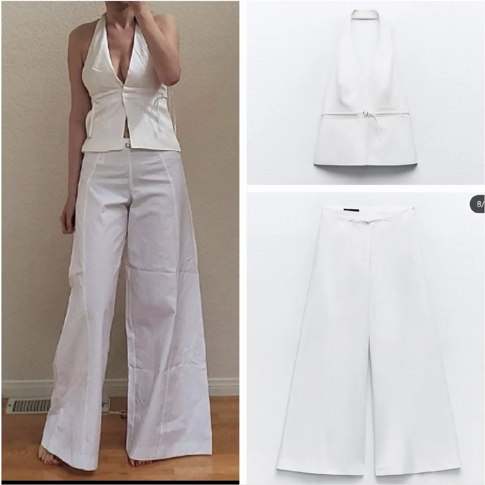 Zara 2 Pc * Matching Set Palazzo Wide Pants & Top White NWT